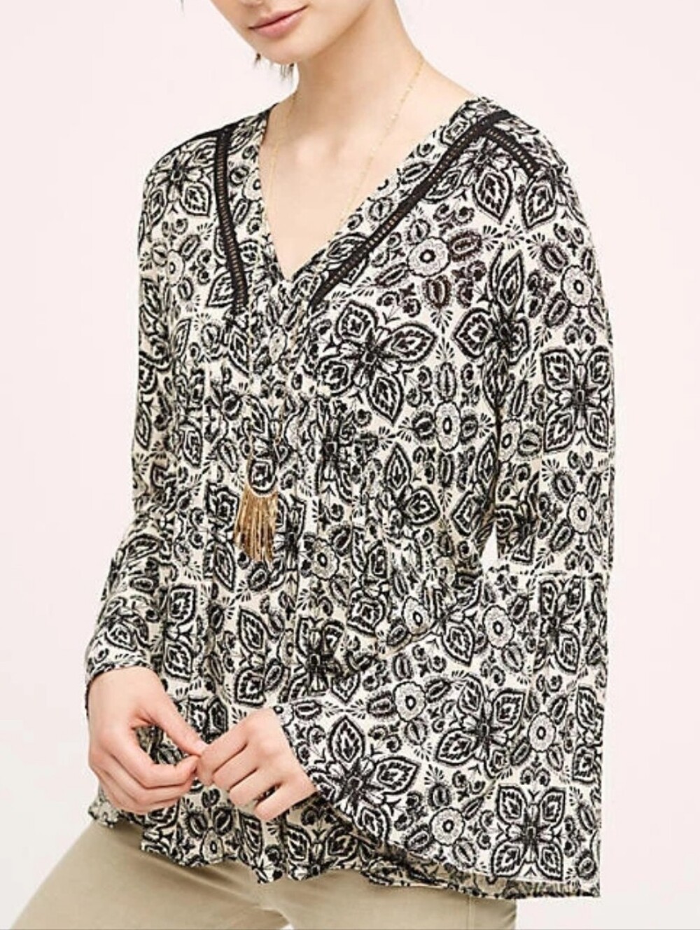 Anthropologie Eri + Ali NWT Paisley Lace Trim Boho Blouse Black White Sz L